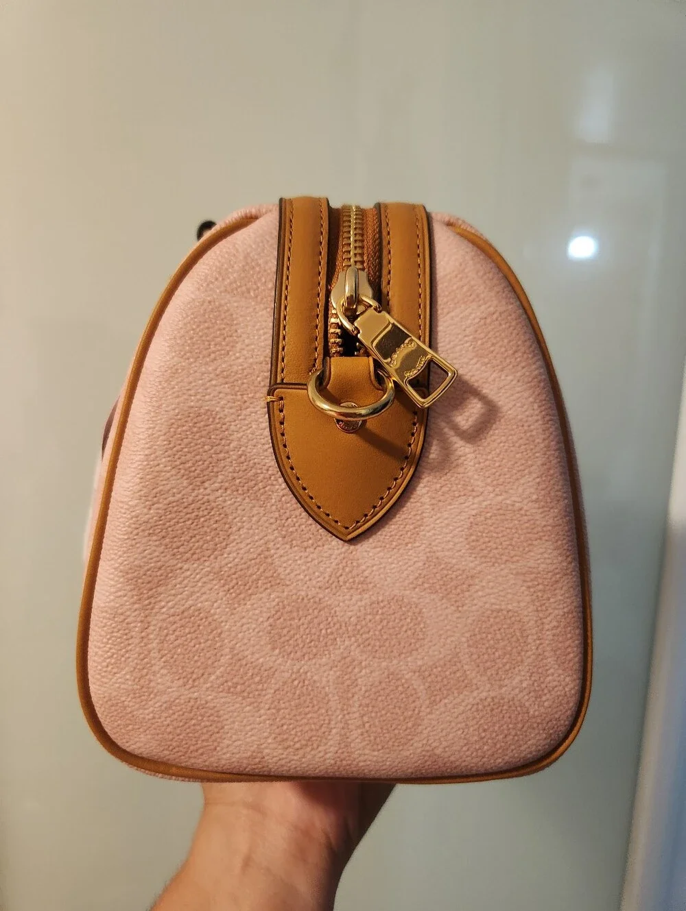 Coach Pink Signature Satchel with Flower Charm and Gold Hardware Rowan.